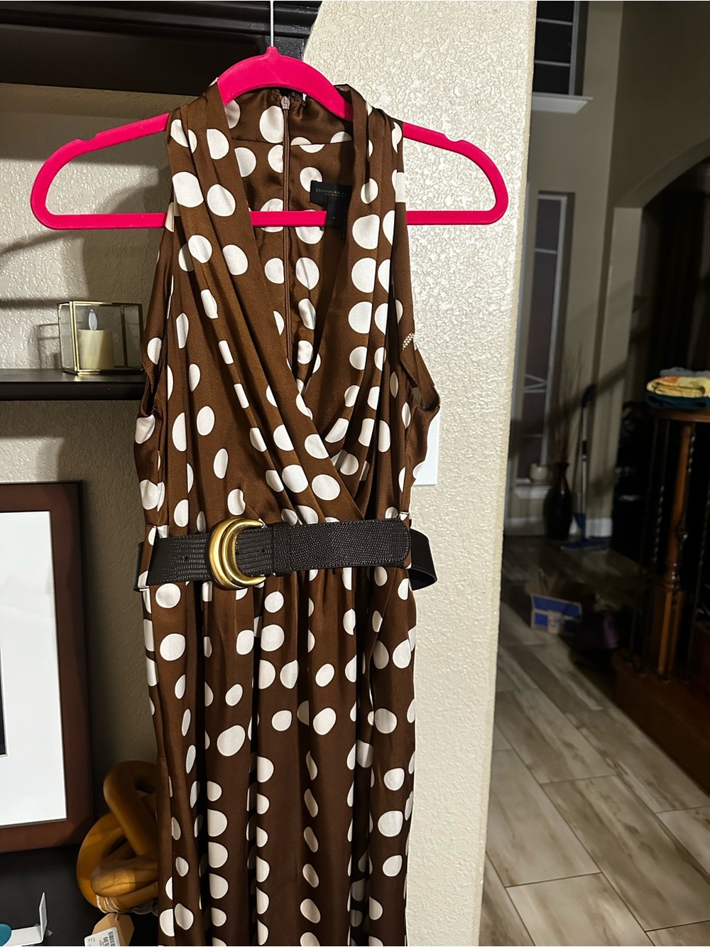 Donna Karan Brown Polka Dot Midi Dress with Belt